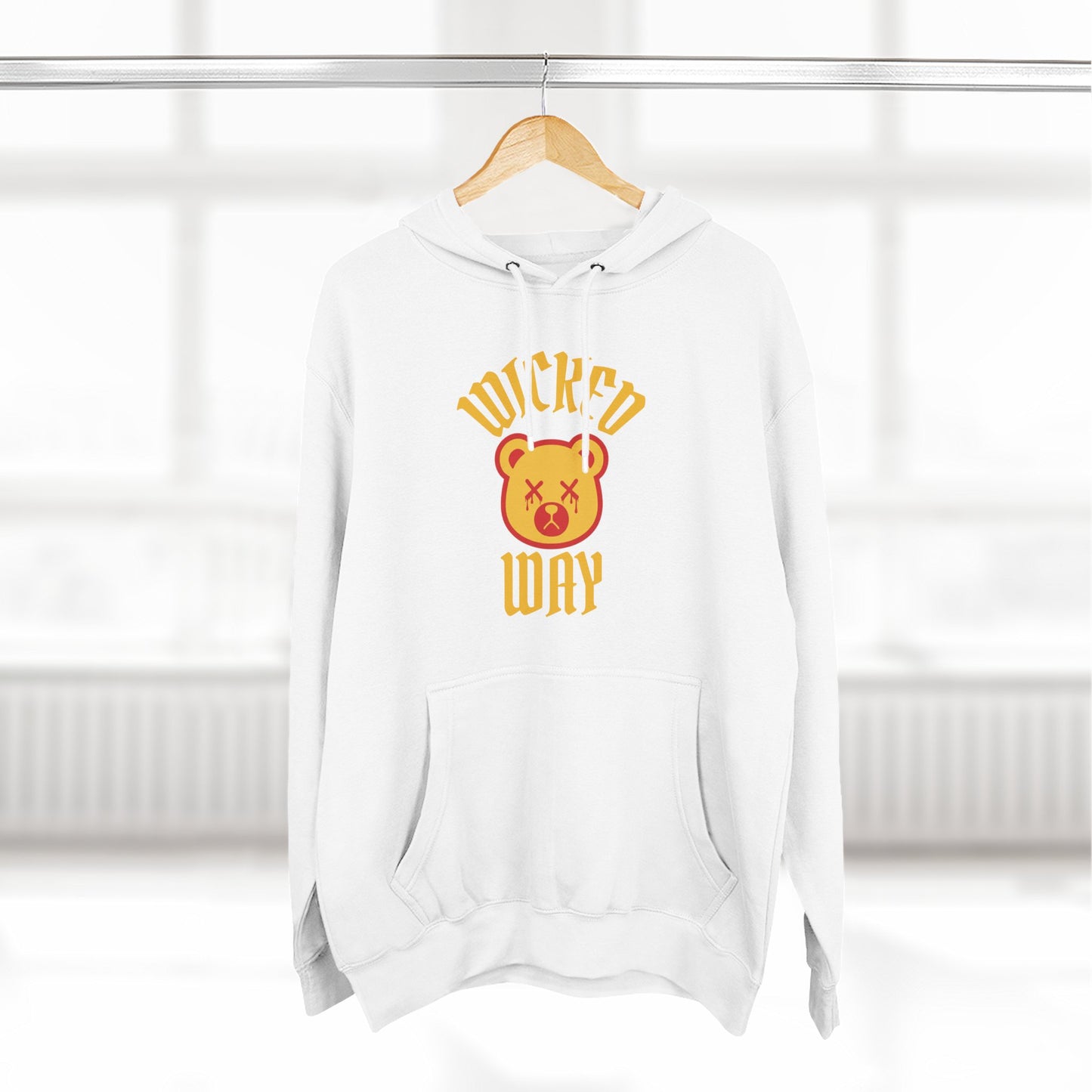 White/Black "Wicked Way" Deady Bear Yellow & Red Fleece Hoodie
