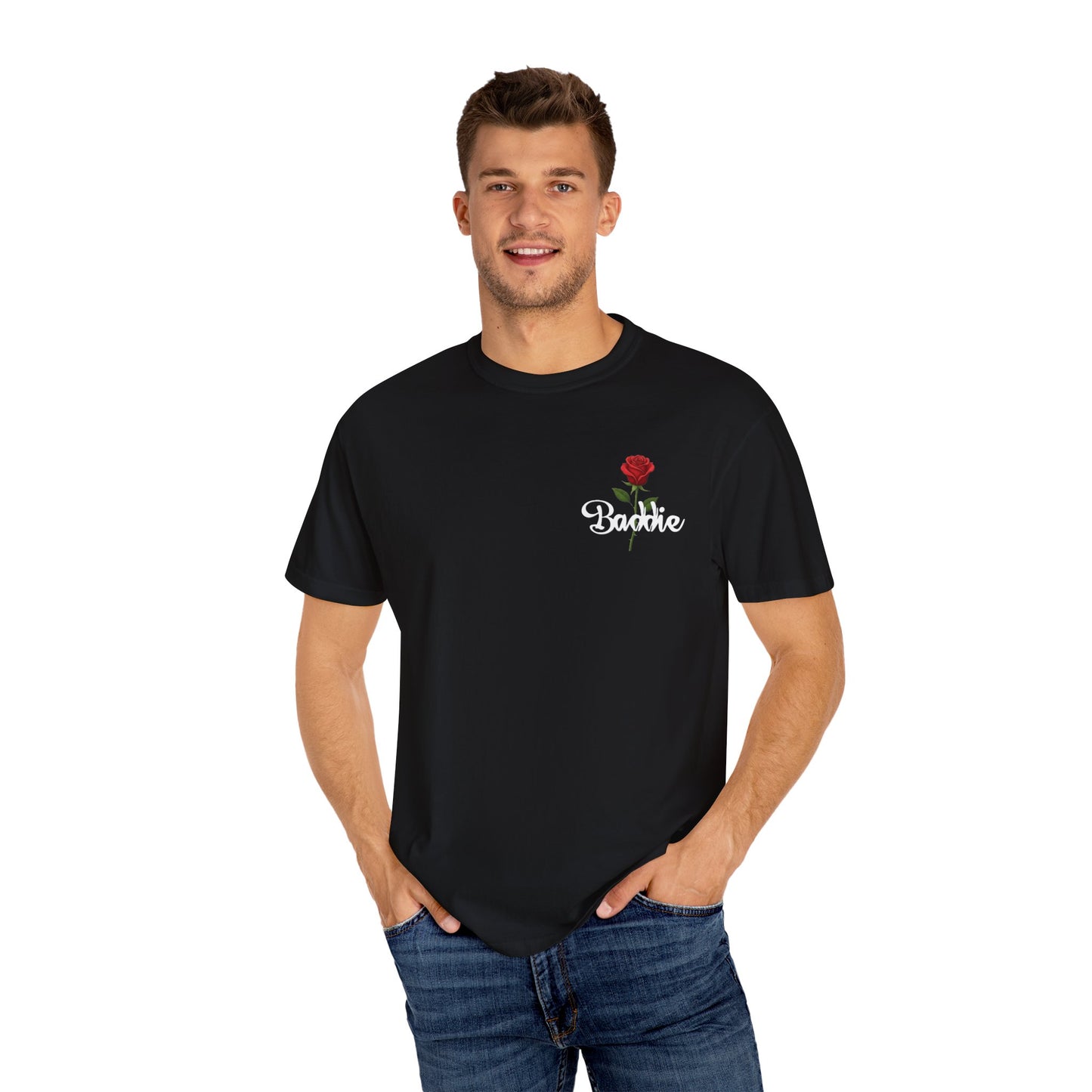 "Baddie Street" Labeled Baddie Rose Pocket Logo Graphic T-Shirt