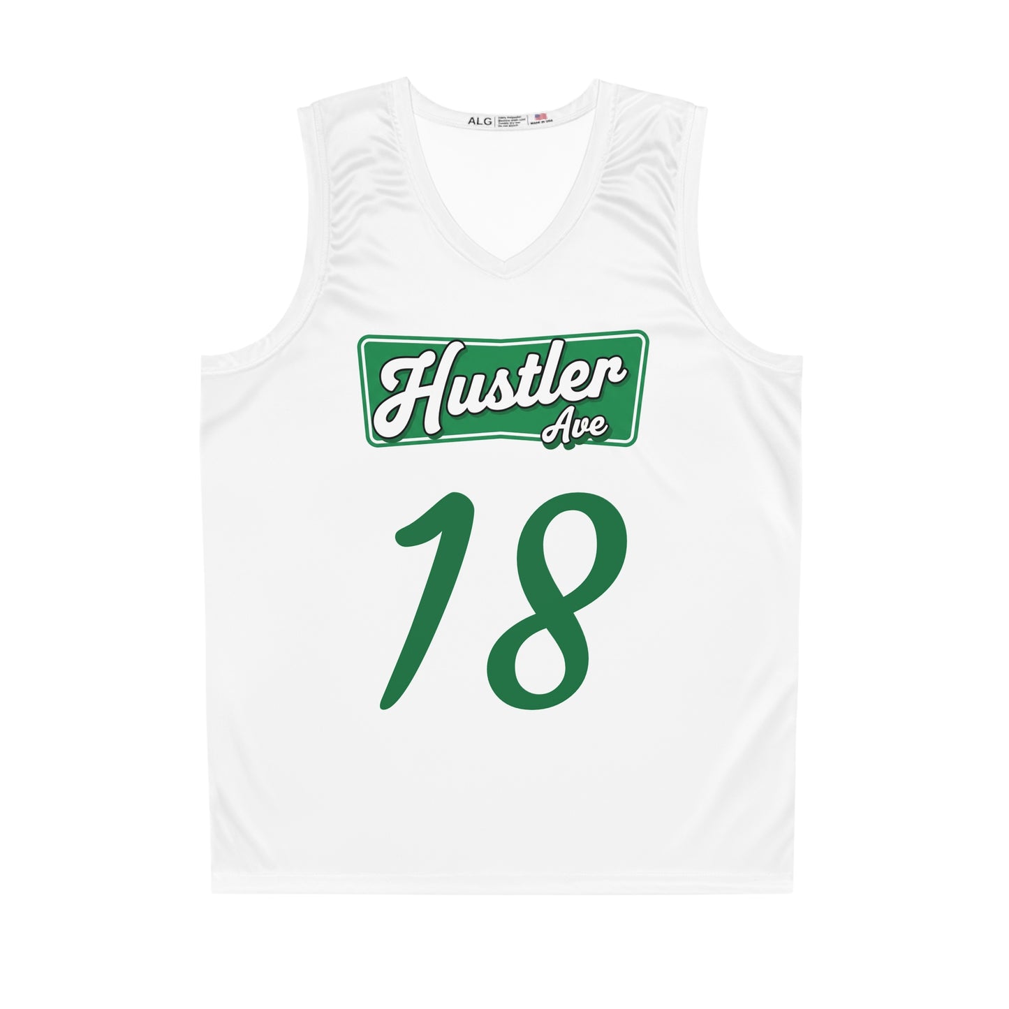 White & Green "Hustler Ave" #18 Basketball Jersey