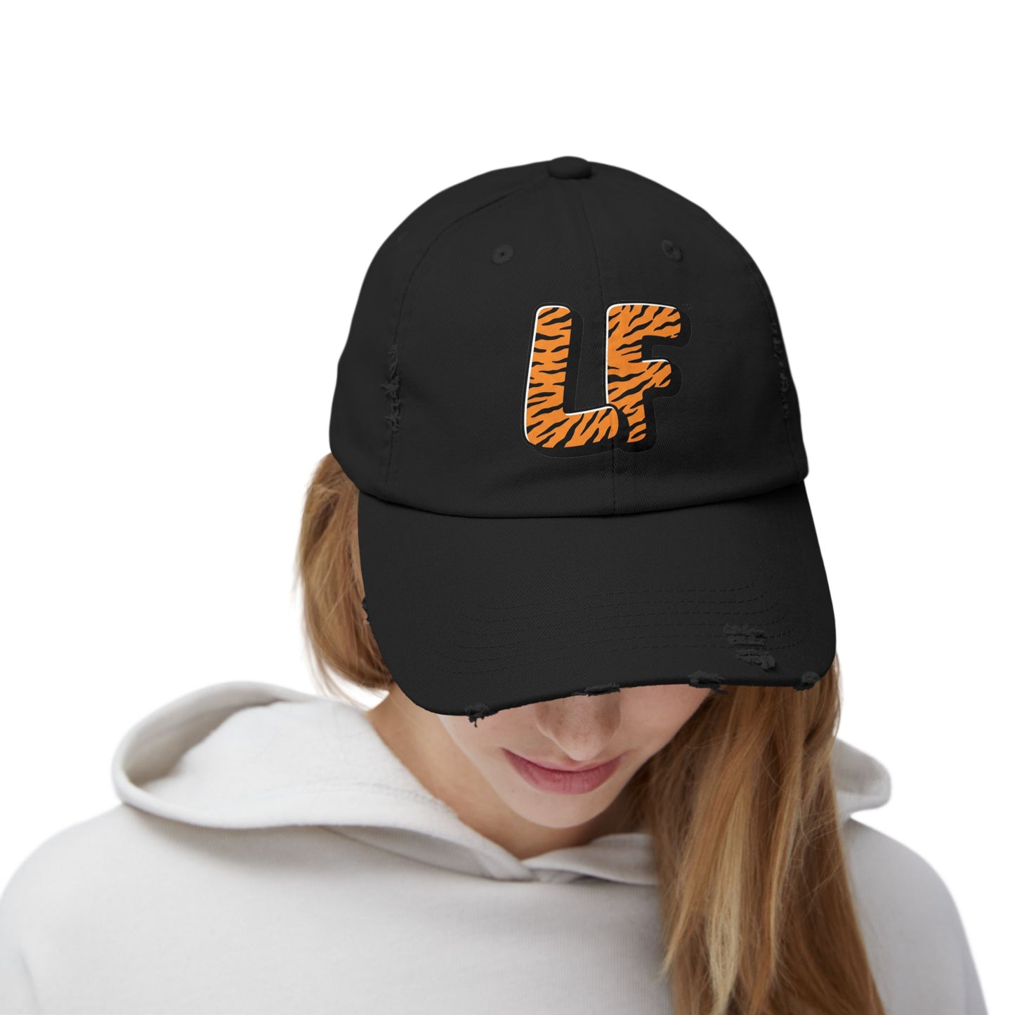 Unisex Distressed Cap with Tiger Print 'LF' Logo - Trendy Casual Hat