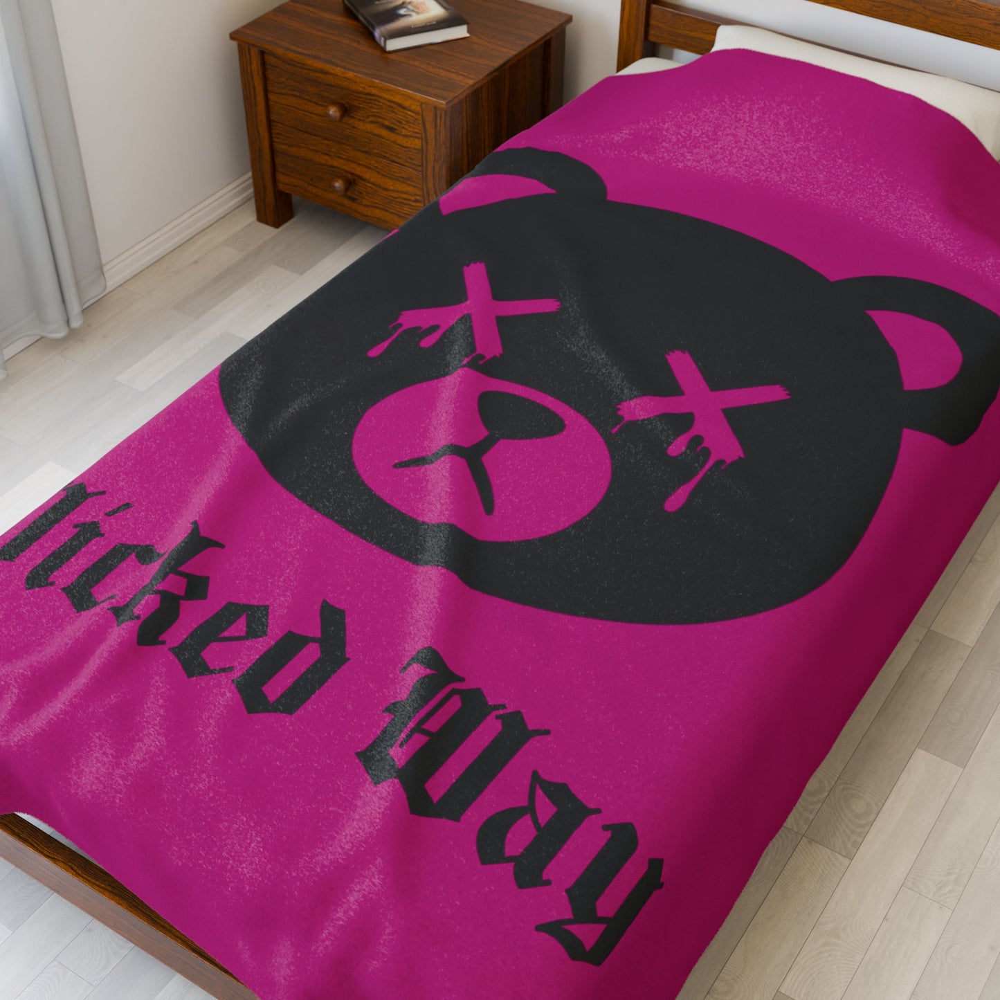 Pink "Wicked Way" Dead Bear Head Velveteen Plush Blanket