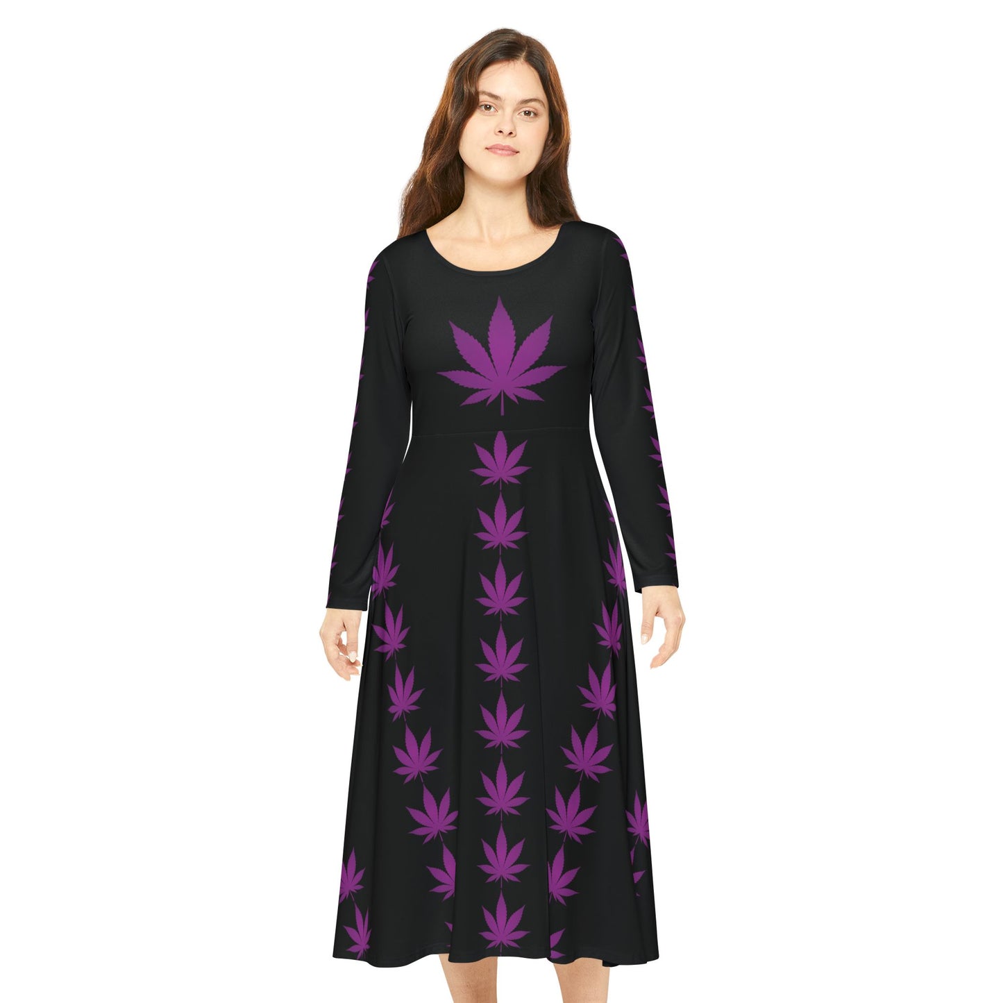 Black "Hippie Highway" Purple Pot Leaf Women's Long Sleeve Dance Dress