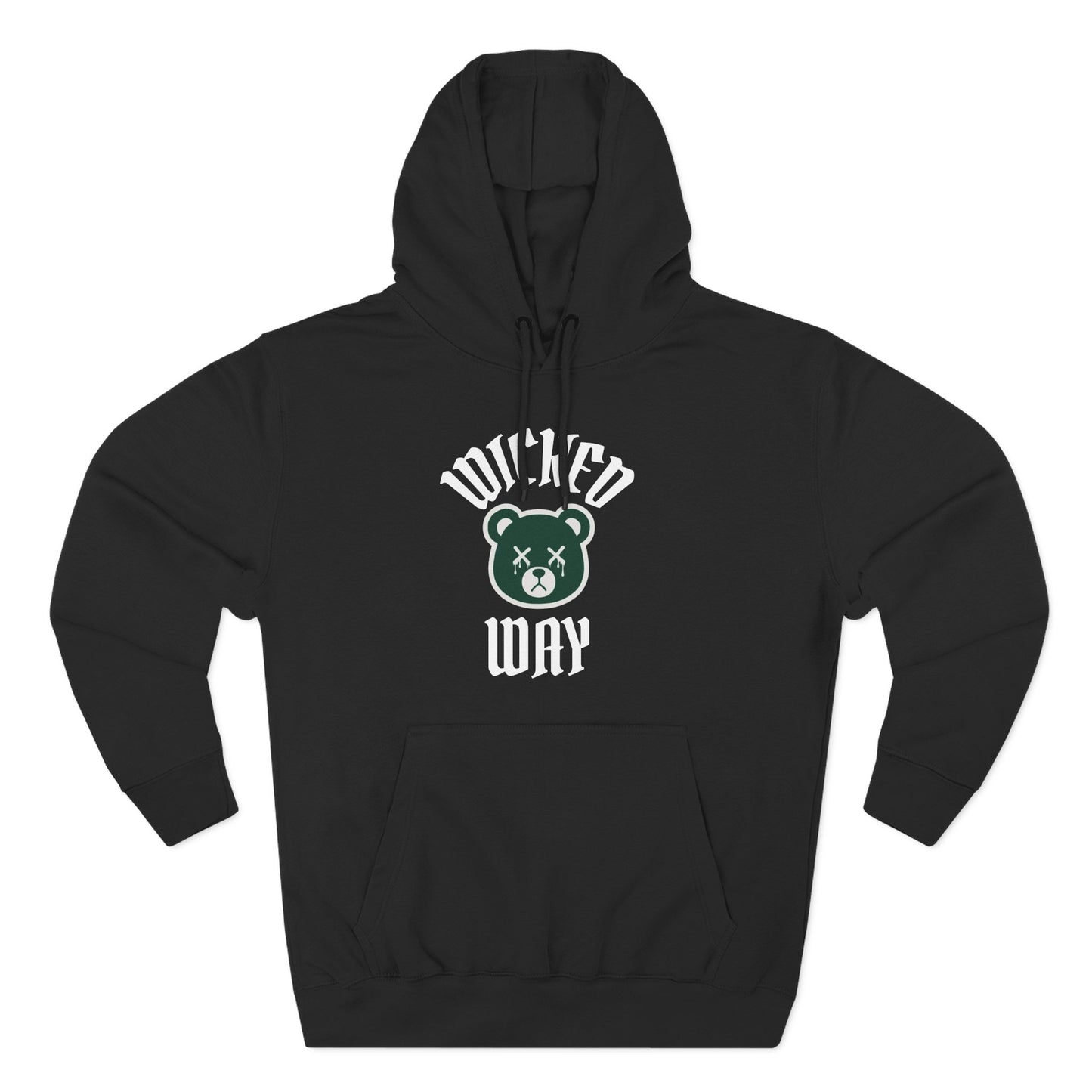 Black "Wicked Way" Deady Bear Dark Green & White Fleece Hoodie