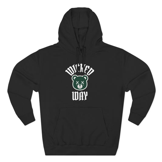 Black "Wicked Way" Deady Bear Dark Green & White Fleece Hoodie