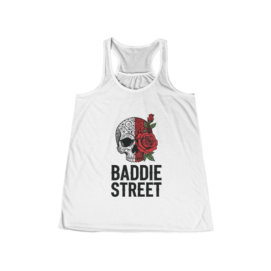 "Baddie Street" Dying Love Skull & Rose Women's Flowy Racerback Tank Top