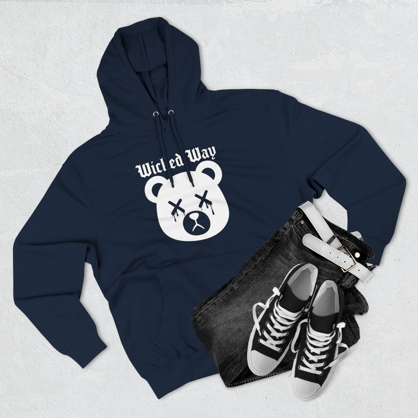 "Wicked Way" Deady Bear Head White Logo Hoodie