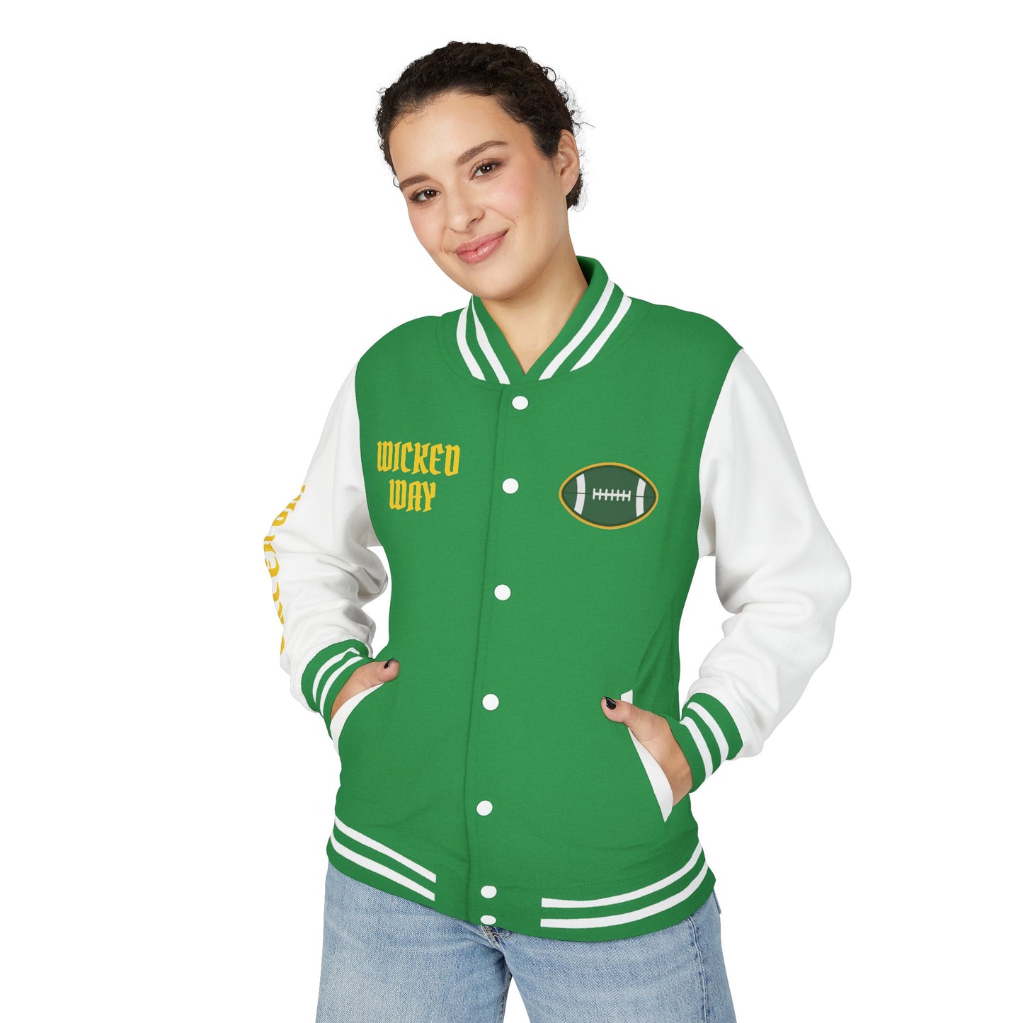 Green & White "Wicked Way" Green Bay Deady Bear Football Heavyweight Letterman Jacket