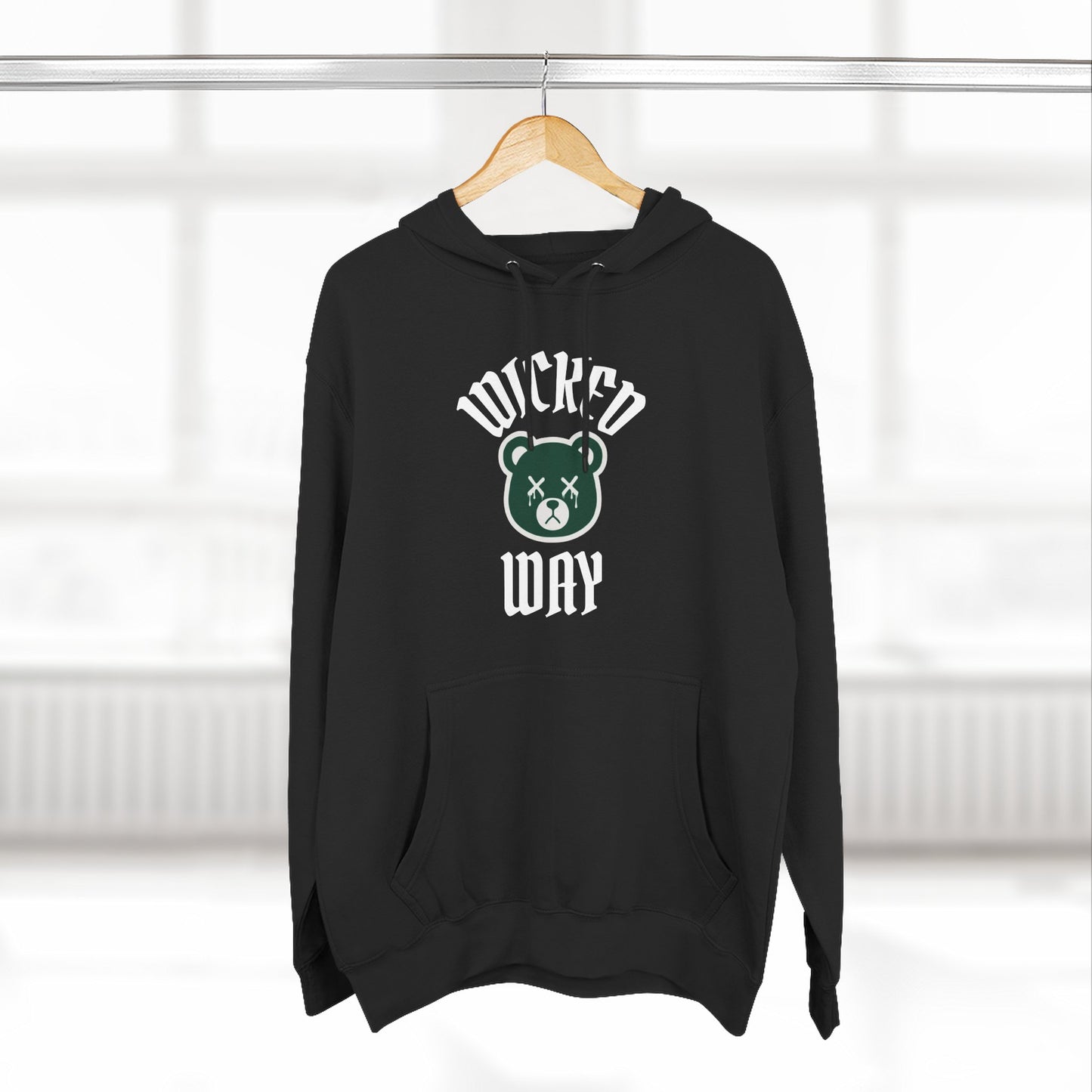 Black "Wicked Way" Deady Bear Dark Green & White Fleece Hoodie
