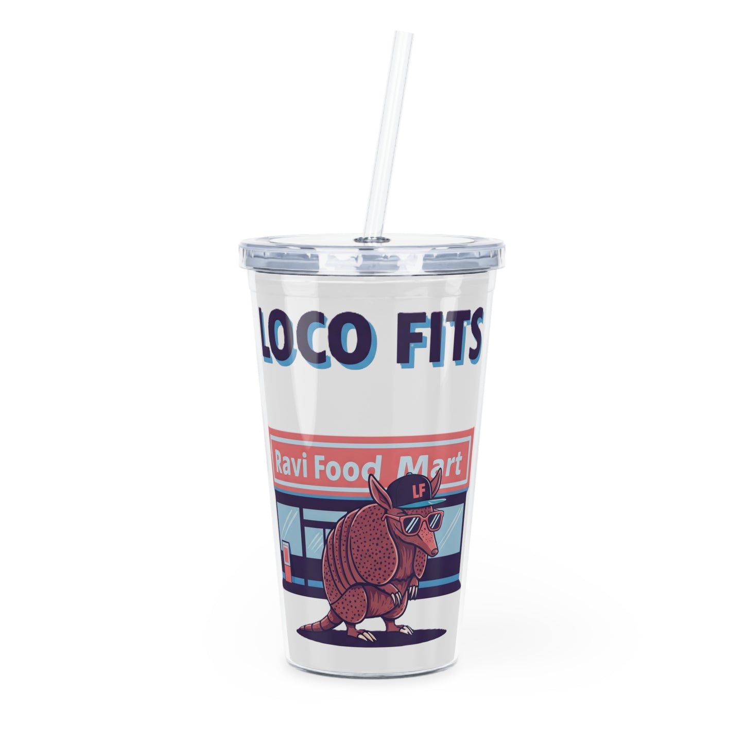 Loco Fits Ravi Food Mart Armadillo Plastic Tumbler with Straw | Fun Travel Mug for On-the-Go Drinks