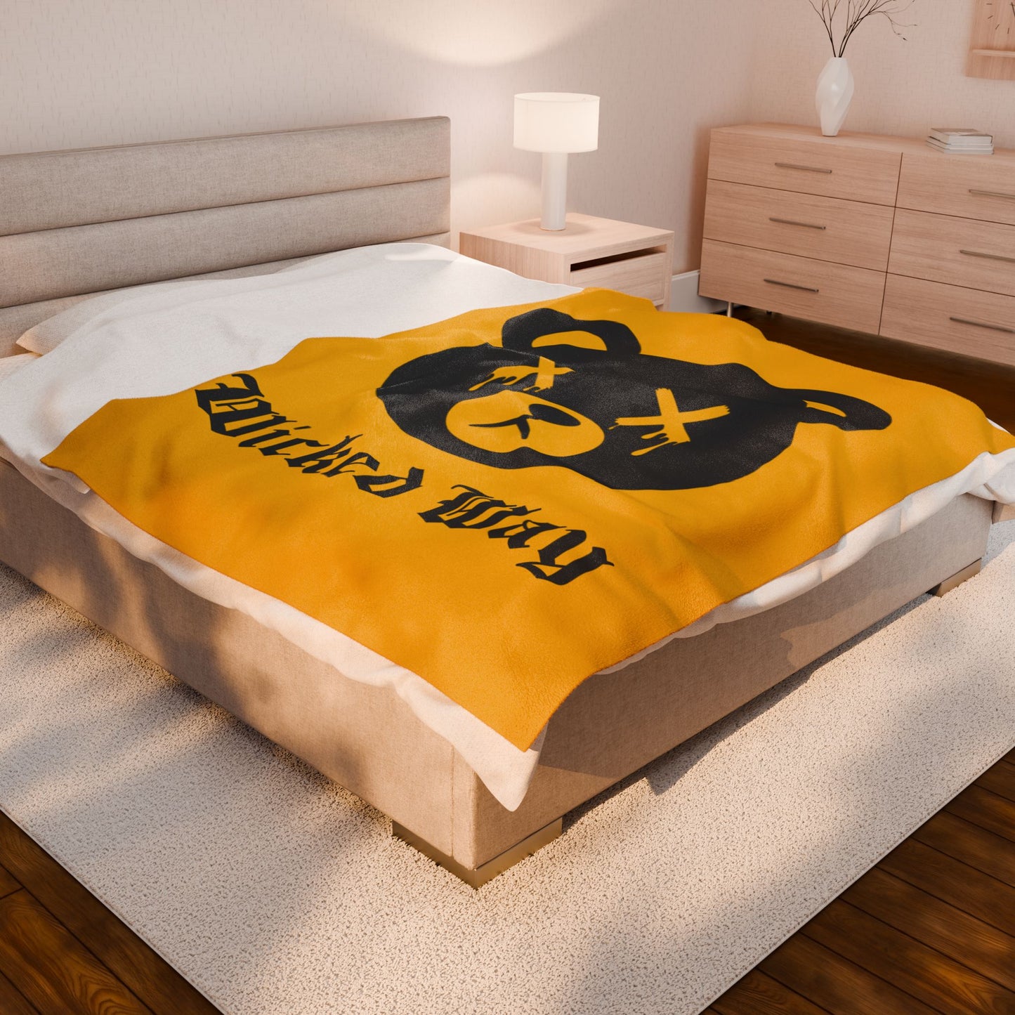 Yellow "Wicked Way" Dead Bear Head Velveteen Plush Blanket