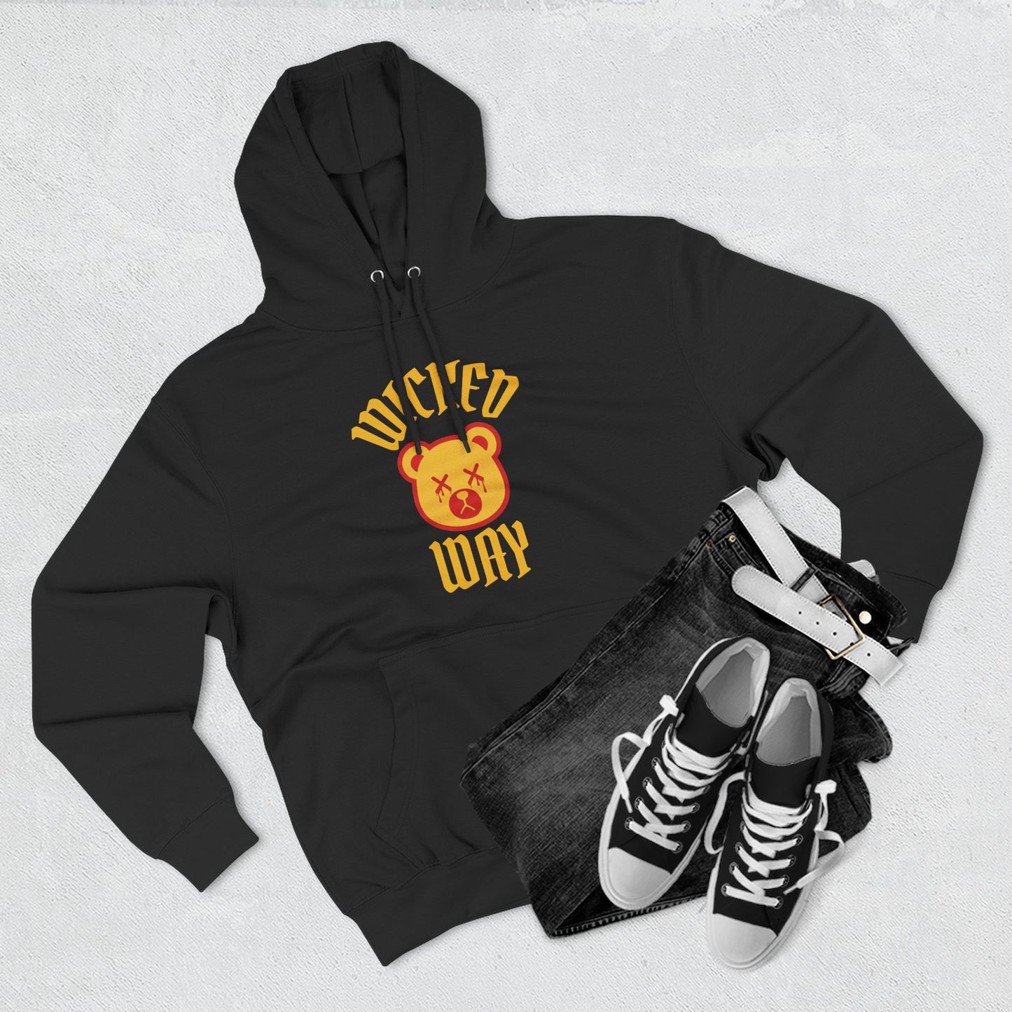 White/Black "Wicked Way" Deady Bear Yellow & Red Fleece Hoodie