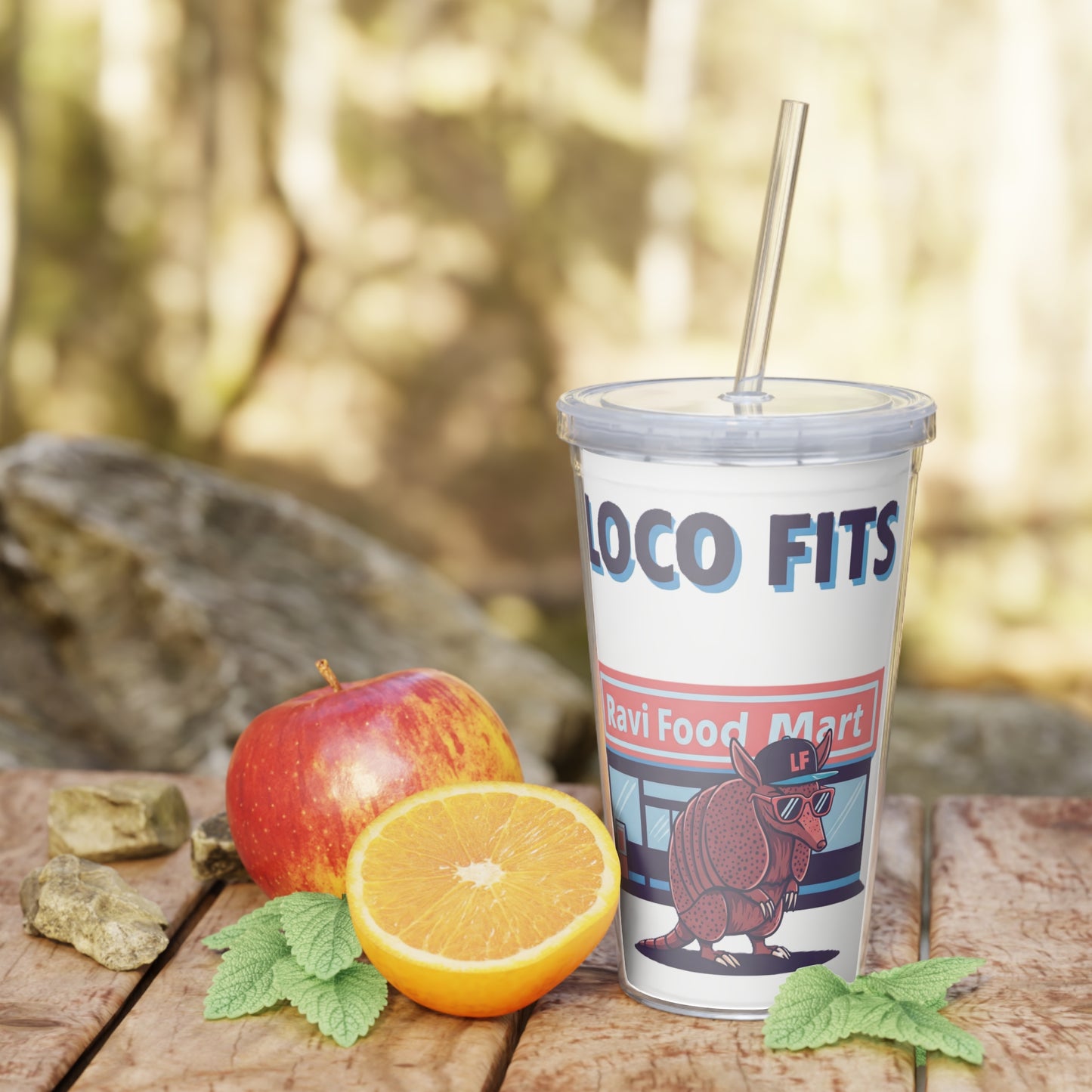 Loco Fits Ravi Food Mart Armadillo Plastic Tumbler with Straw | Fun Travel Mug for On-the-Go Drinks
