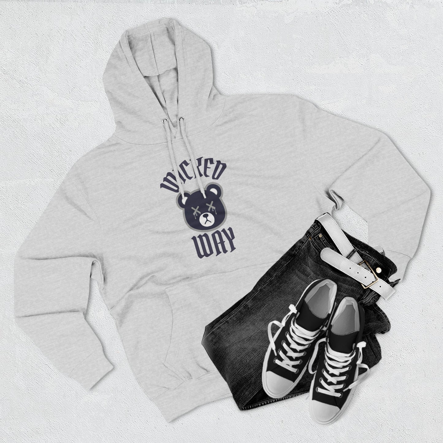 White/Grey "Wicked Way" Deady Bear Navy & Grey Fleece Hoodie