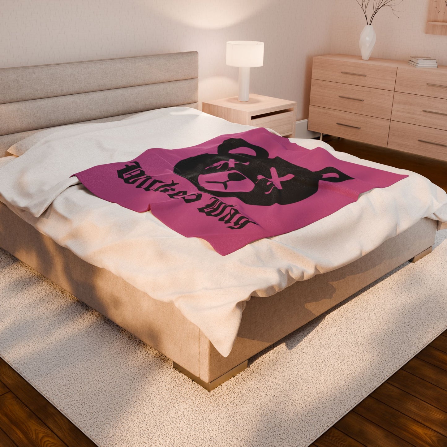 Light Pink "Wicked Way" Dead Bear Head Velveteen Plush Blanket