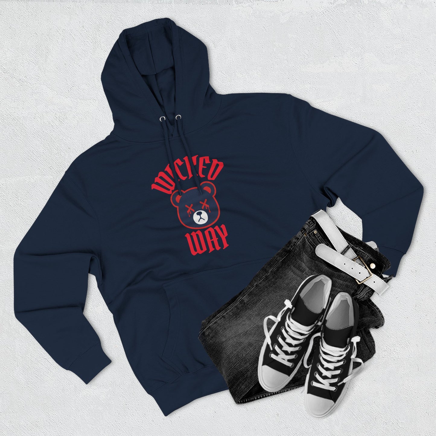 Navy Blue "Wicked Way" Deady Bear Red & Navy Blue Fleece Hoodie