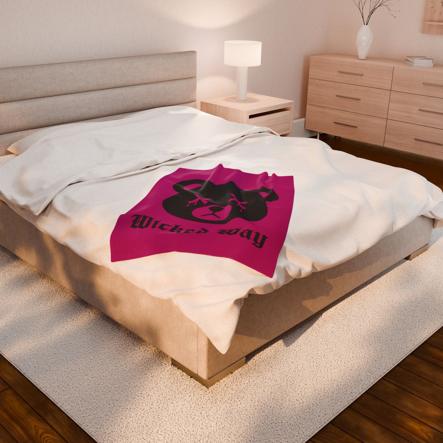 Pink "Wicked Way" Dead Bear Head Velveteen Plush Blanket