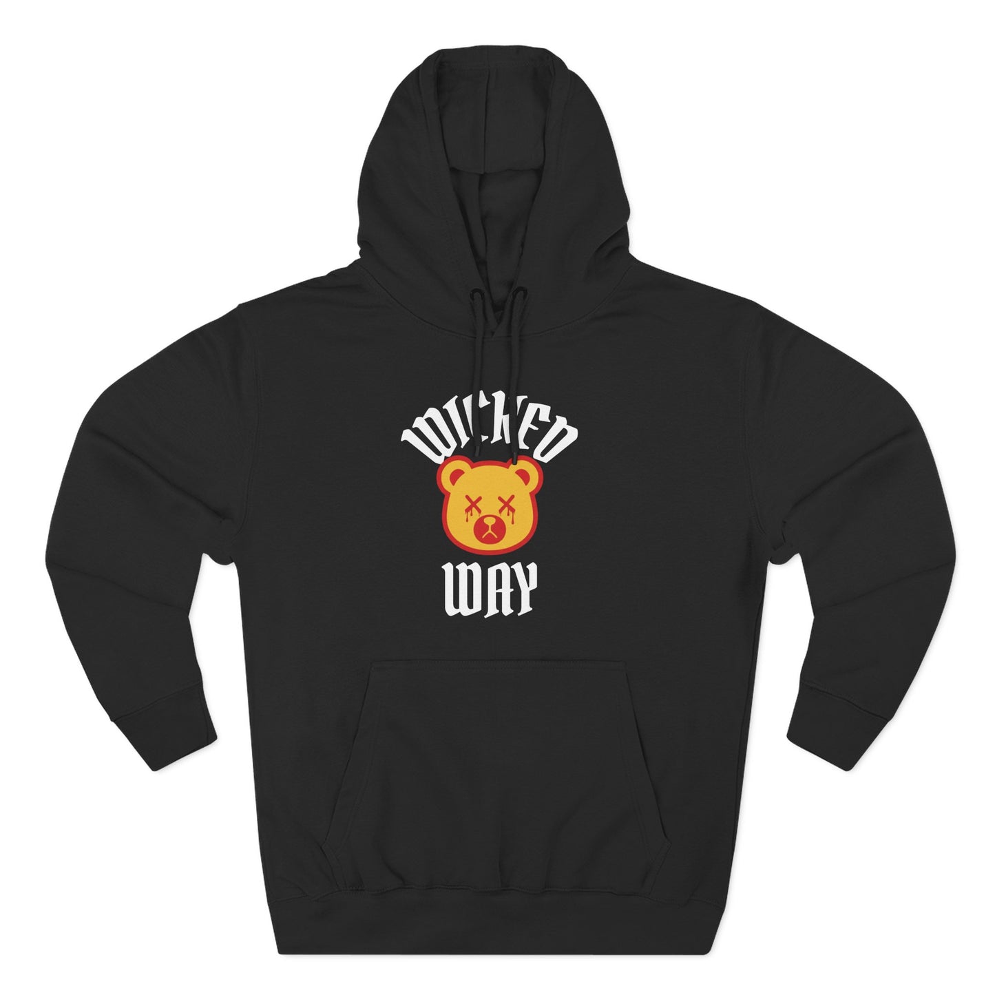 Black "Wicked Way" Deady Bear White, Red, & Yellow Fleece Hoodie