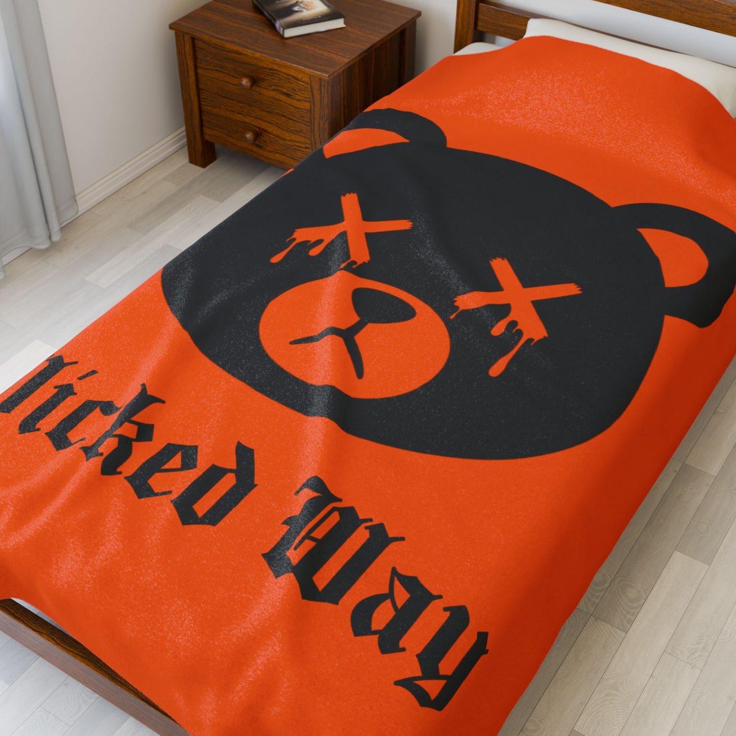 Orange "Wicked Way" Dead Bear Head Velveteen Plush Blanket