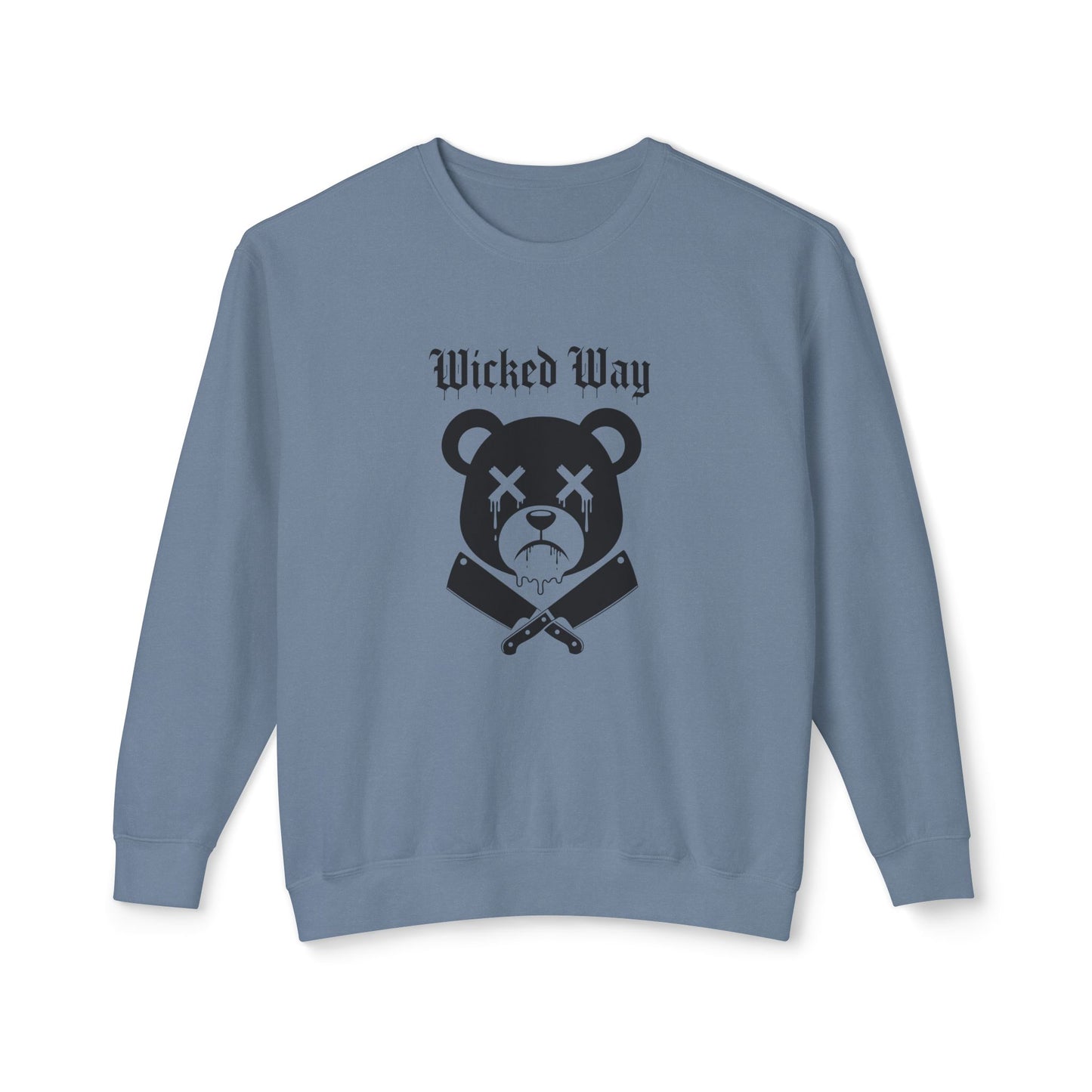 Limited Edition "Wicked Way" Drippy Bear Head Double Butcher Knife Lightweight Crewneck Sweatshirt (Multi Color Options)
