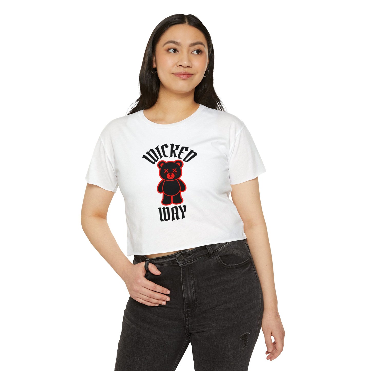 "Wicked Way" Deady Bear White, Black & Red Women's Cotton Crop Top