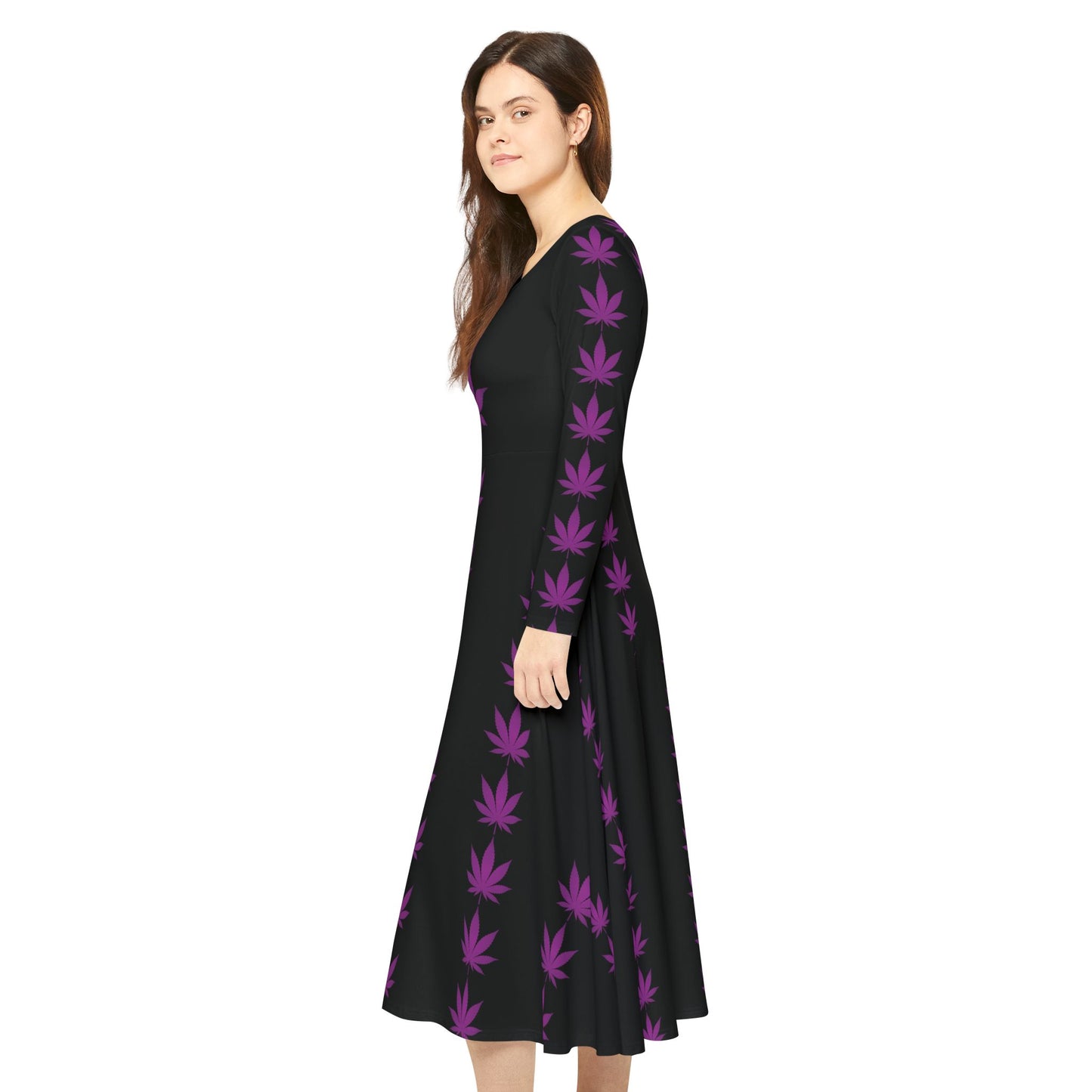 Black "Hippie Highway" Purple Pot Leaf Women's Long Sleeve Dance Dress