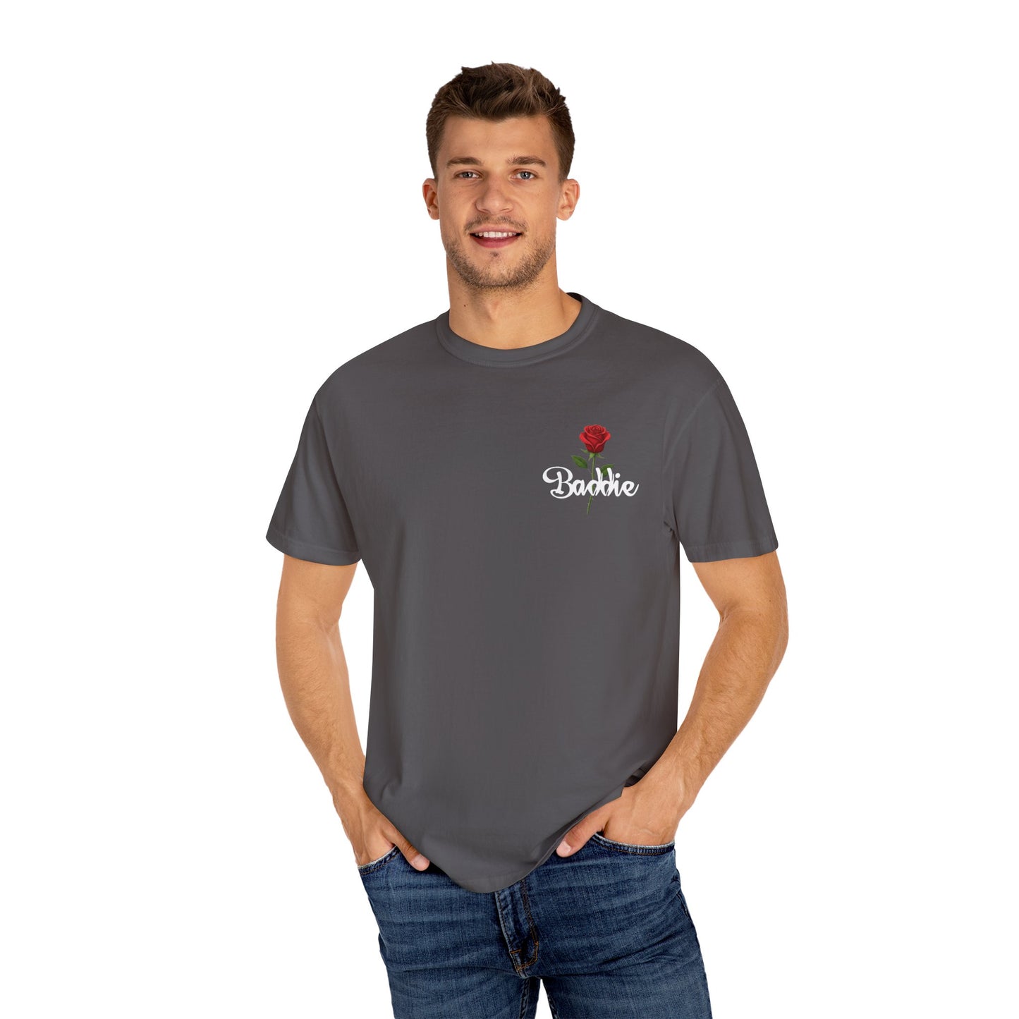 "Baddie Street" Labeled Baddie Rose Pocket Logo Graphic T-Shirt