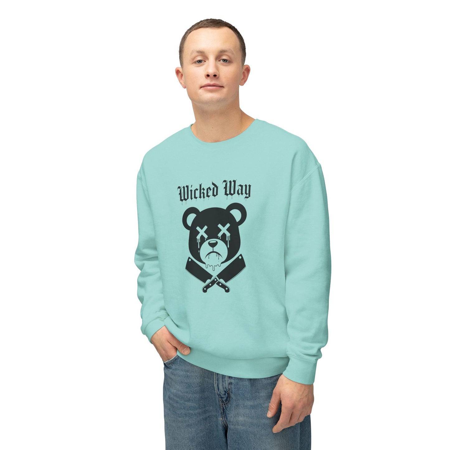 Limited Edition "Wicked Way" Drippy Bear Head Double Butcher Knife Lightweight Crewneck Sweatshirt (Multi Color Options)