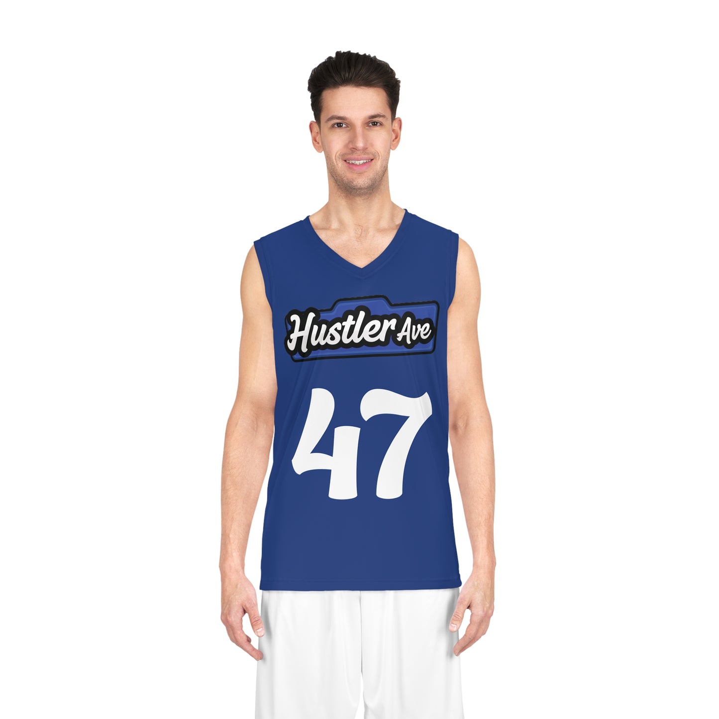 Blue & White "Hustler Ave" #47 Basketball Jersey