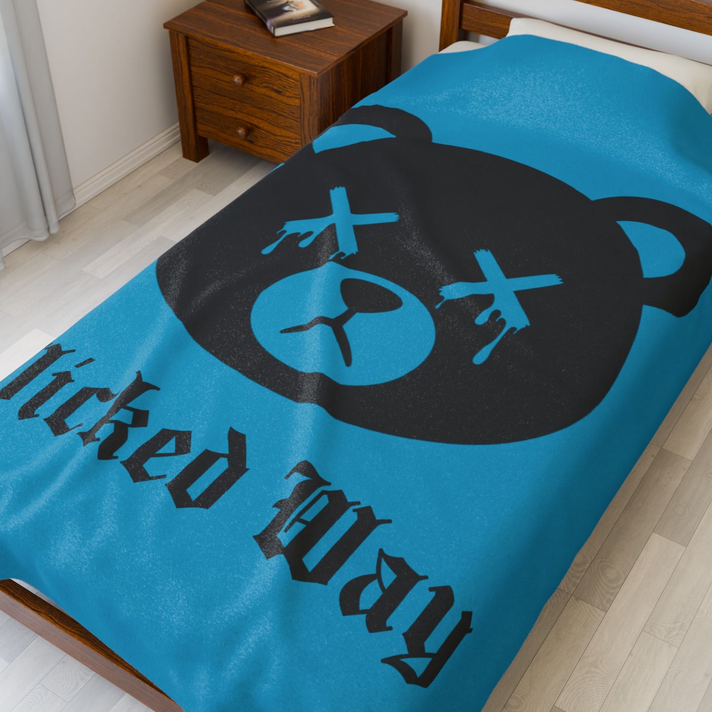 Teal "Wicked Way" Dead Bear Head Velveteen Plush Blanket