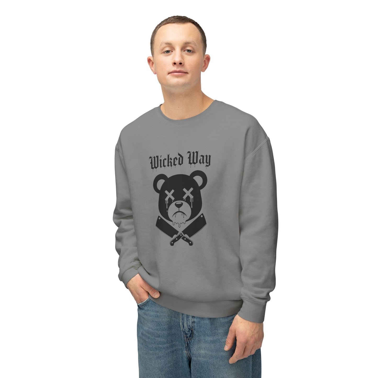 Limited Edition "Wicked Way" Drippy Bear Head Double Butcher Knife Lightweight Crewneck Sweatshirt (Multi Color Options)