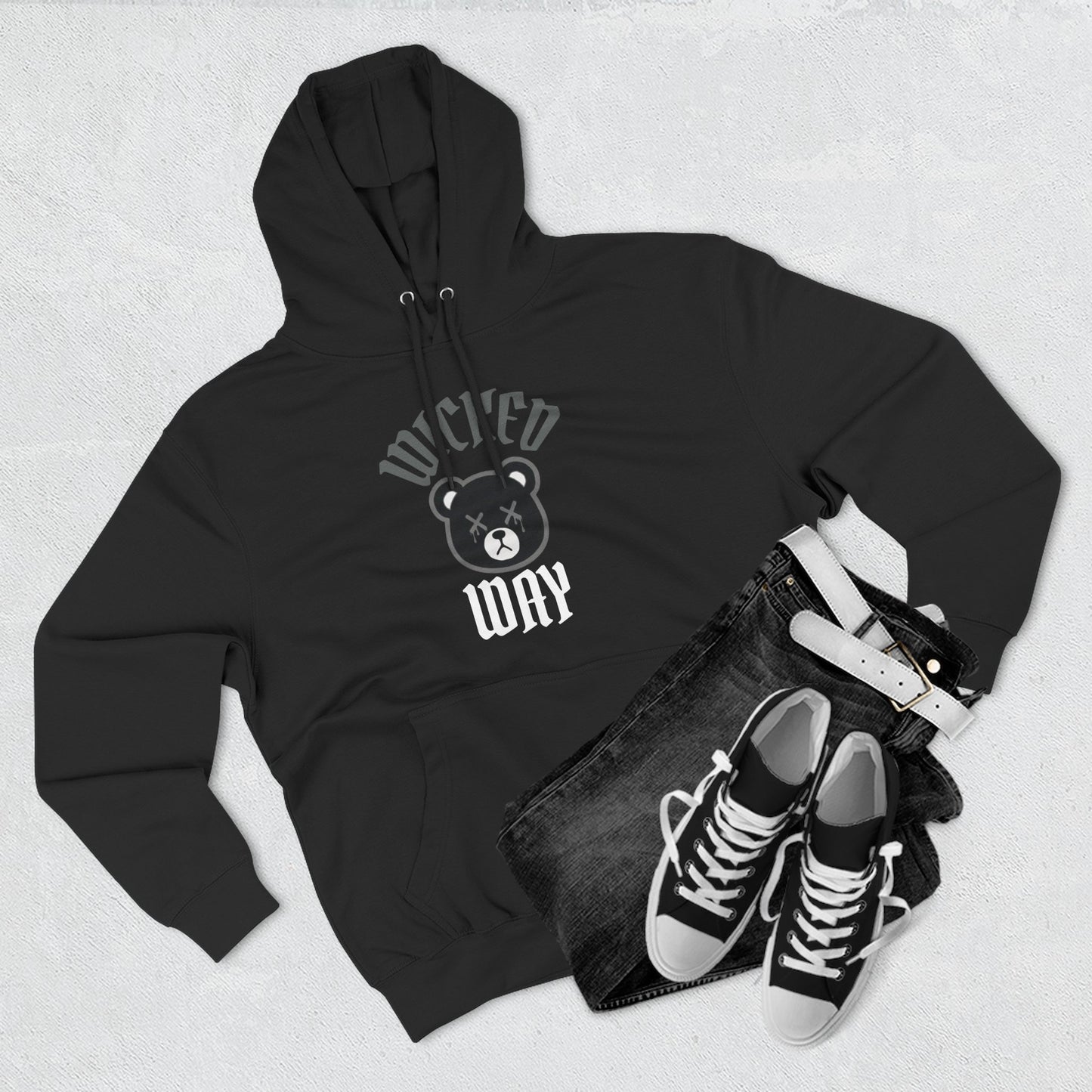 Black "Wicked Way" Deady Bear Dark Grey & White Fleece Hoodie