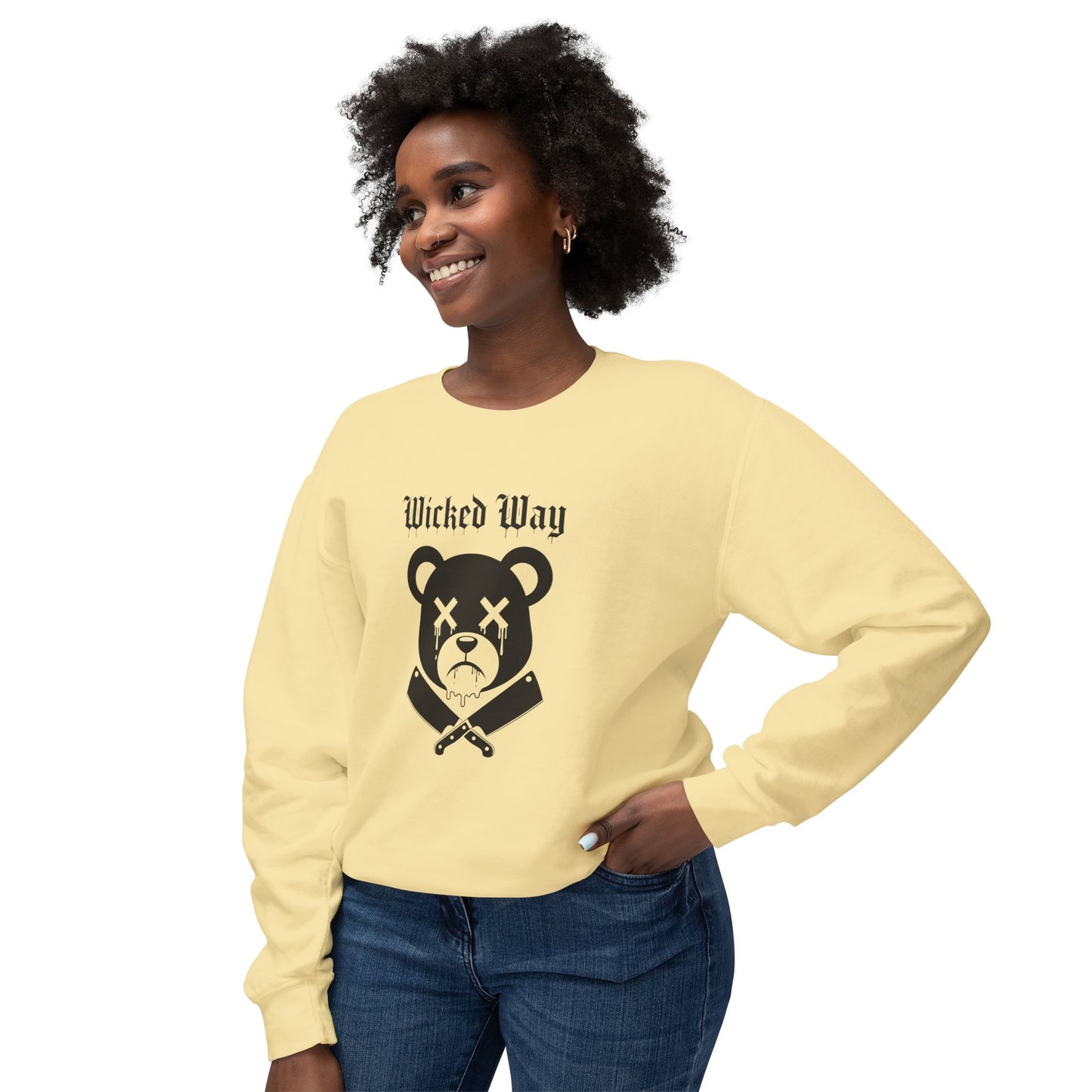 Limited Edition "Wicked Way" Drippy Bear Head Double Butcher Knife Lightweight Crewneck Sweatshirt (Multi Color Options)