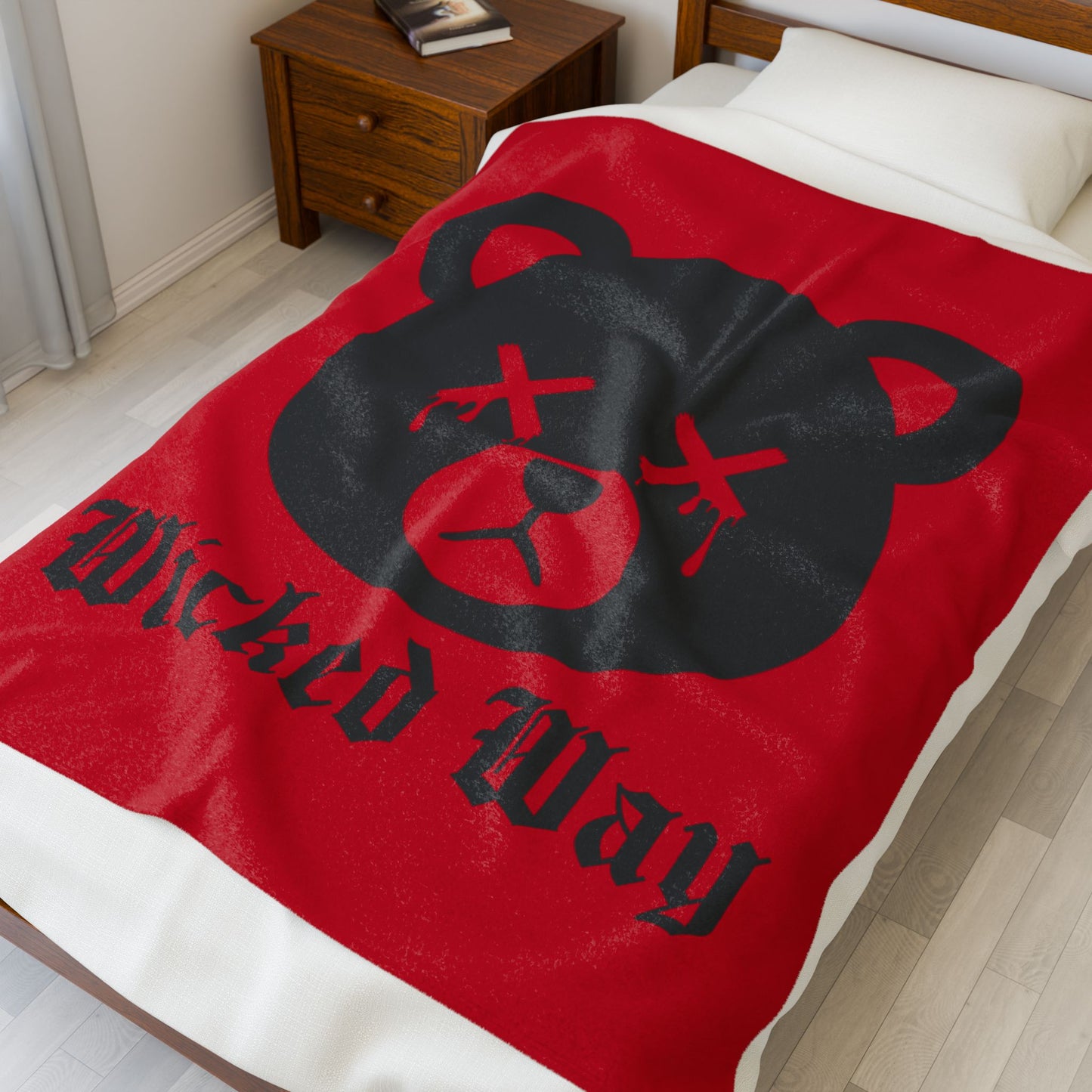 Red "Wicked Way" Dead Bear Head Velveteen Plush Blanket