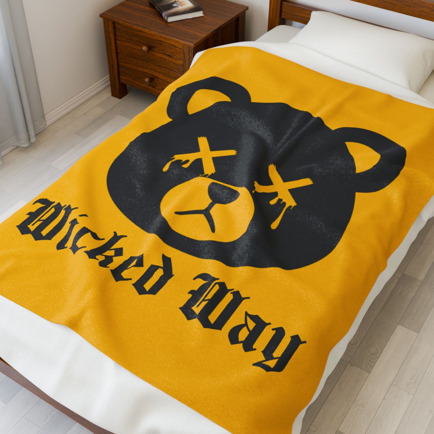 Yellow "Wicked Way" Dead Bear Head Velveteen Plush Blanket