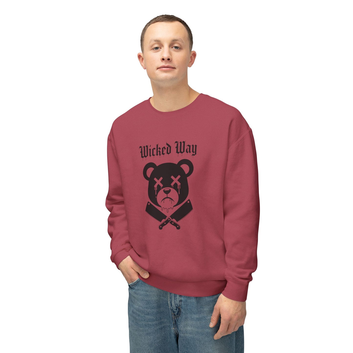 Limited Edition "Wicked Way" Drippy Bear Head Double Butcher Knife Lightweight Crewneck Sweatshirt (Multi Color Options)