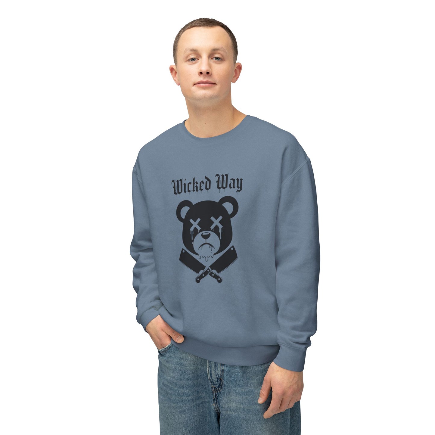 Limited Edition "Wicked Way" Drippy Bear Head Double Butcher Knife Lightweight Crewneck Sweatshirt (Multi Color Options)